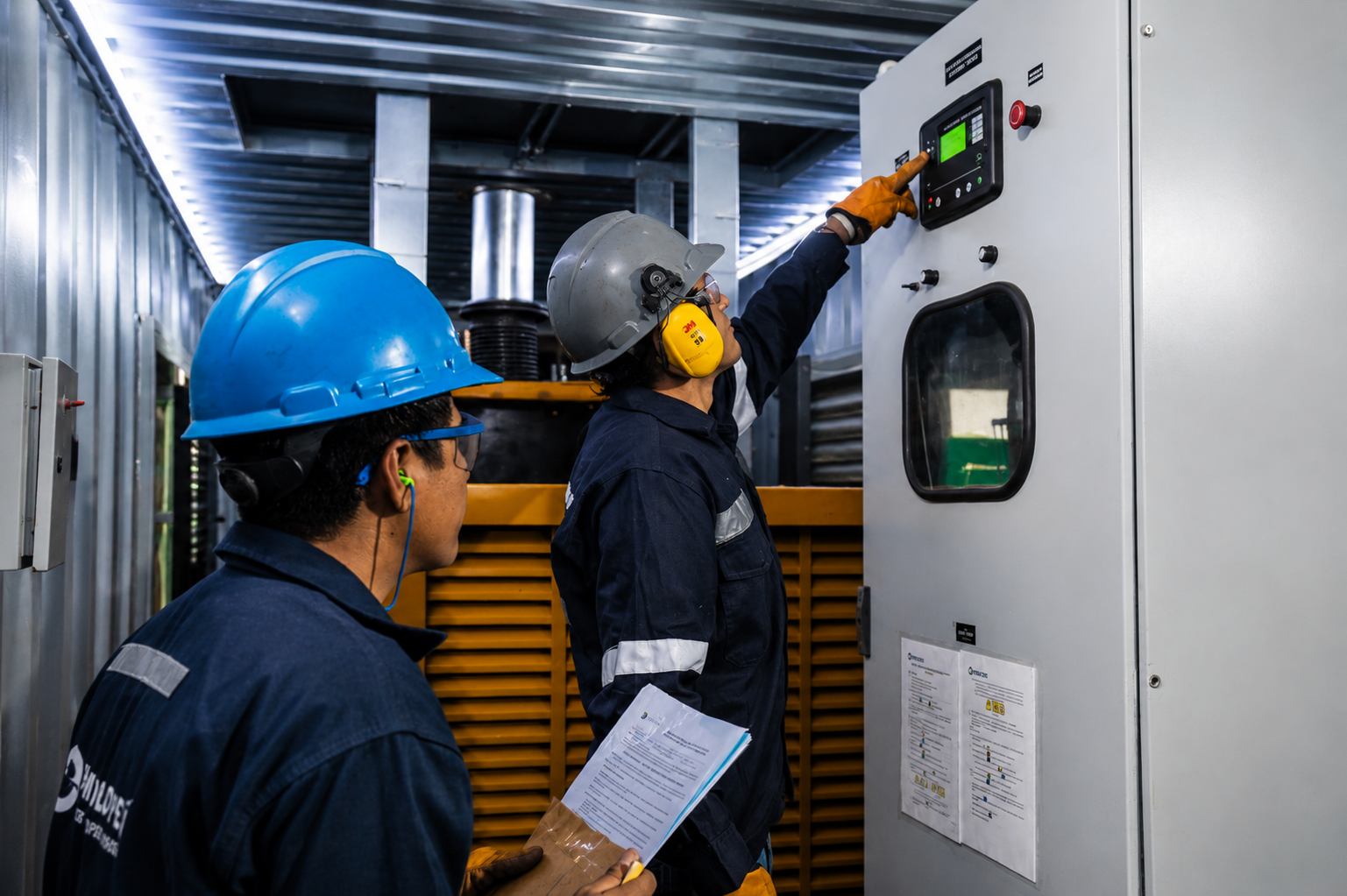 Técnicos de Humboldt Perú realizando mantenimiento de grupo electrógeno